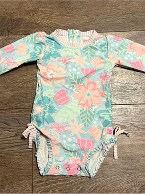 Ruffle Butts Pastel Pink & Aqua Floral Rash Guard One-Piece